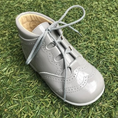 185-E Nens Grey Patent Lace up Brogue Boot